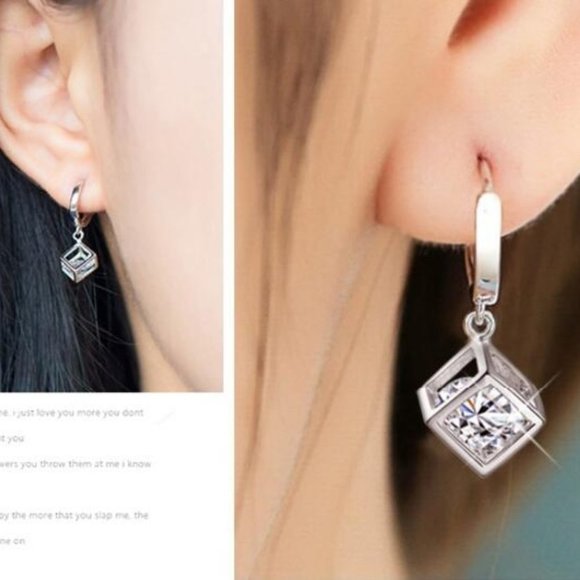 *NEW Sterling Silver Diamond Cube Hoop Earrings - Picture 2 of 8